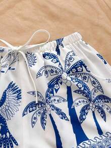 Top sin espalda con textura y lazo, holgado y casual para vacaciones, shorts casuales con elástico en la cintura y bolsillos, para playa y mar - Multicolor 2 - Ver 4