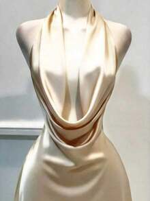 1 pieza Vestido corto de satén de unicolor y espalda descubierta, vestido de playa, vestido mini elegante para mujer, vestido casual elegante, vestido fluido, vestido corto de verano - Champán - Ver 3