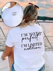 Camiseta holgada de moda para mujer, diseño con cita atrevida "Edición Limitada", top de manga corta transpirable y cómodo, camiseta de algodón suave con cuello redondo, ideal para salidas casuales y looks de moda minimalista. - Blanco - Ver 7