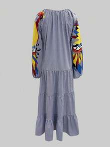 Vestido casual de estilo occidental y resort de manga larga con cuello en V y estampado de rayas vintage para mujeres - azul real - Ver 8