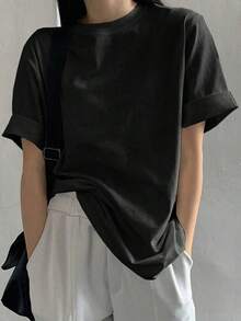 Camiseta de manga corta de ajuste holgado y cuello redondo de unicolor para verano, camiseta oversize - Multicolor - Ver 7