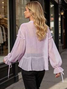 Women's Sheer Ruffle Tops Fashionable Solid Color V Neck Long Sleeve Tie Front Loose Blouse - Purple - View 5