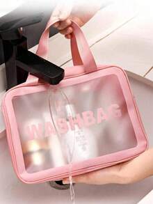 3/1pc Transparent Toiletry Bag Set, Waterproof Transparent Makeup Bag With Handle, Thickened PVC Material Wear-Resistant And Splash-Proof, Waterproof Material, With Frosted Transparent Window, Essential Beach Bag And Toiletry Bag For Vacation - Pink - View 5