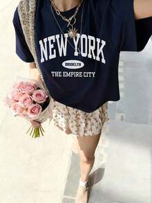 Camiseta suelta de verano para mujer con estampado de letras, casual y versátil para uso diario. Camiseta gráfica, vacaciones - Rosa - Ver 11