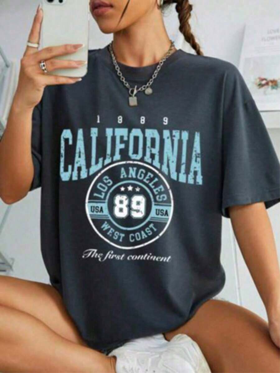 Nueva camiseta de mujer 2025 otoño-invierno, de manga corta con cuello redondo, 100% algodón, holgada, de estilo casual y versátil con estampado moderno, ideal como prenda básica. - Negro 5 - Ver 1