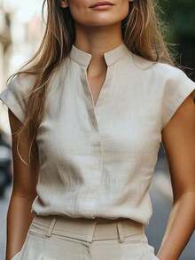 Blusa casual de mujer de unicolor con cuello en V y mangas cortas - Caqui 2 - Ver 4