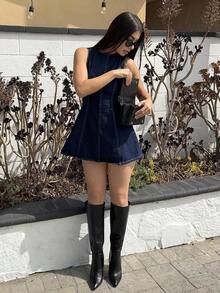 Vestido vaquero mini con espalda descubierta sexy, para verano - Azul - Ver 3