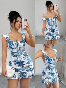 Vestido camisero con volantes en el bajo y hombros descubiertos, estilo vintage con estampado - Vestido entallado de línea A - Azul 2 - Ver 9