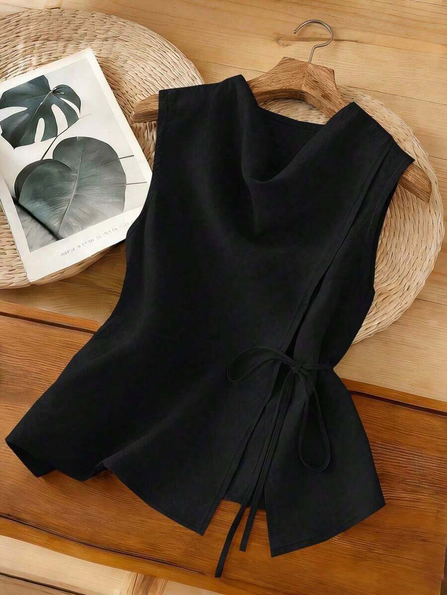 Nuevo diseño asimétrico de verano, cuello acampanado, dobladillo dividido de color caqui claro de nicho, cintura con lazo, chaleco sin mangas para mujer, top de tirantes de verano para mujer, elegante para vacaciones y días de descanso. - Negro - Ver 1