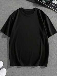 Camiseta de manga corta con cuello redondo y estampado de letras, versátil y de moda para hombres - Negro - Ver 2