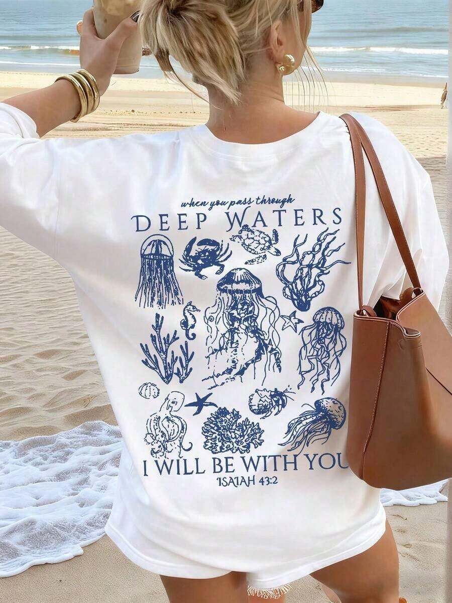 2026 Nueva Blusa Holgada y Fluida con Estampado de Criaturas Marinas y Texto, Camiseta de Manga Corta Cómoda, Transpirable, Casual y de Estilo Vintage Sanador, Adecuada para la Playa, el Uso Diario y el Relax de Fin de Semana en Verano - Blanco - Ver 1