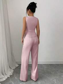Conjunto de camiseta sin mangas y pantalones elegante para mujer, estilo de oficina y transporte, atuendo de otoño para maestros - Rosa 2 - Ver 2