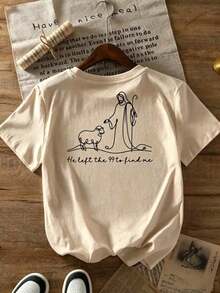 | 1 Playera para Mujer 100% Algodón Transpirable| Camiseta de manga corta para mujer con estampado religioso - Jesús y el Cordero del Pastor con la frase "Dejó los 99 para encontrarme" (Mateo 18:12-14), cuello redondo, estilo casual para iglesia, atuendo informal y ropa religiosa - Ideal para el verano. - Albaricoque - Ver 3