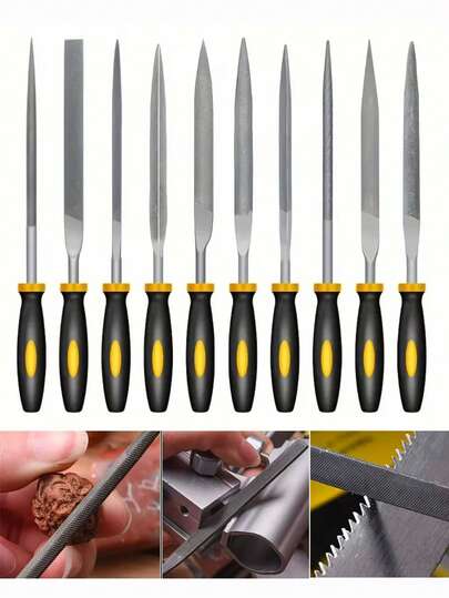10pcs Metal File Set, Made Of High Carbon Steel, Ergonomic Non-Slip Handles; Includes Flat, Semi-Circle, Triangle And Round Files, Suitable For DIY Processing Of Metal, Wood, Plastic And Jewelry