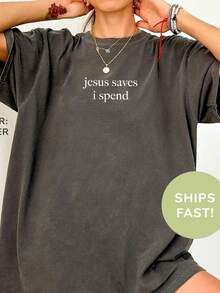 Women's Summer T-Shirt, Soft, Washed, Loose-Fitting, Casual, Round Neck, Short Sleeve, With A Striking White Slogan Print, Suitable For The Beach And Everyday Wear. Clothing With A Christian Statement Of Faith, Local Warehouse, Fast Delivery. - 黑色 - 查看 6