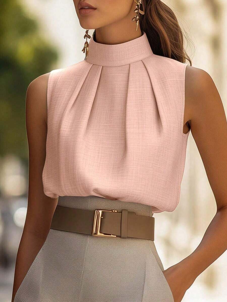 Top sin mangas de cuello alto con pliegues, top ajustado de diseño exclusivo y elegante para mujer, casual de verano - Rosa - Ver 1