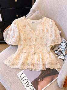 Blusa de mujer con escote en V bordada de estilo romántico francés de manga corta - Naranja - Ver 3