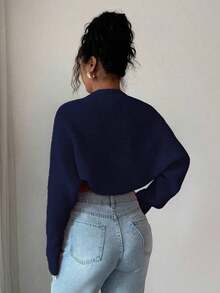 Raffinéa Cárdigan corto de punto acanalado de unicolor elegante para mujer, otoño - Azul marino - Ver 2