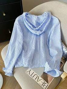 Camisa con capucha holgada con cordón de rayas azules y blancas para mujer, nueva para primavera/otoño - Azul 2 - Ver 2