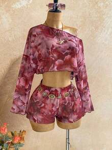 Casual 2-Piece Set Consisting Of A Cropped Top With An Irregular Neckline And Lettuce Hem, And Shorts, In A Solid Color, For Vacation, Spring/Summer - Multicolor 2 - View 3