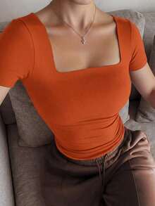 Blusa de manga corta y cuello redondo casual y elegante, adecuada para uso diario, ir al trabajo y salir, primavera/verano - Naranja - Ver 4