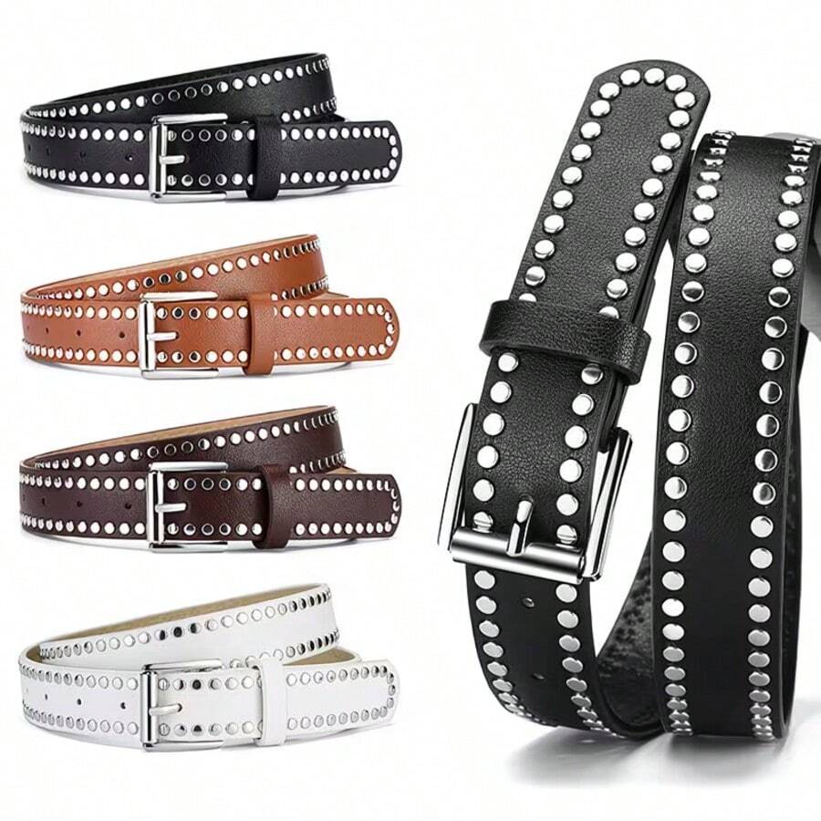 1 chiếc thắt lưng kiểu Y2K, thắt lưng đinh tán phong cách Punk unisex, thắt lưng khóa ghim bằng da PU, thắt lưng quần kim loại phong cách Hip Hop, viền đinh tán hai hàng, phù hợp với áo khoác da phong cách Punk, quần jeans, Halloween, mùa hè, mùa thu đi học. - Nhiều màu - Xem 1