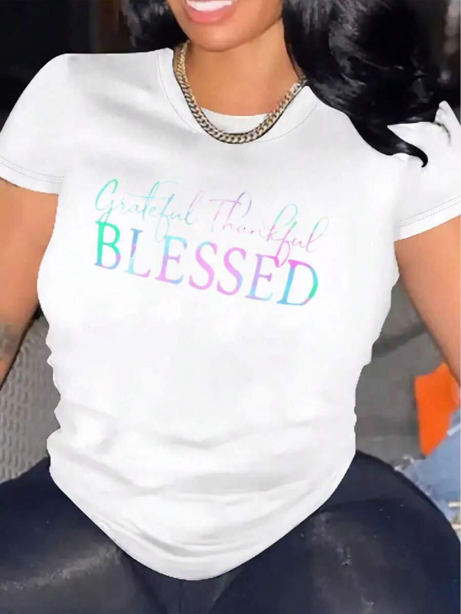 Limited Edition Women's T-Shirt, Comfortable Round Neck, Casual Cotton Blend, Short Sleeve, Soft And Breathable, Women's T-Shirt, Spring Summer Urban Style, Lightweight Cotton Fabric. - 白色 - 查看 1
