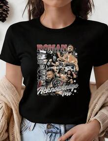 Y2K Wrestling Roman Reigns Acnowledge Me-tryckt t-shirt med rund hals och sweatshirt med championcollage-design, kortärmade detaljer, djärv Y2K-stil, lämplig för alla säsonger, maskintvättbar, för brottningsevenemang. Damsommarklänning, avslappnad t-shirt med rund hals, bekväm och t-rendig med bokstavstryck för unga flickor. - Svart - Visa 7