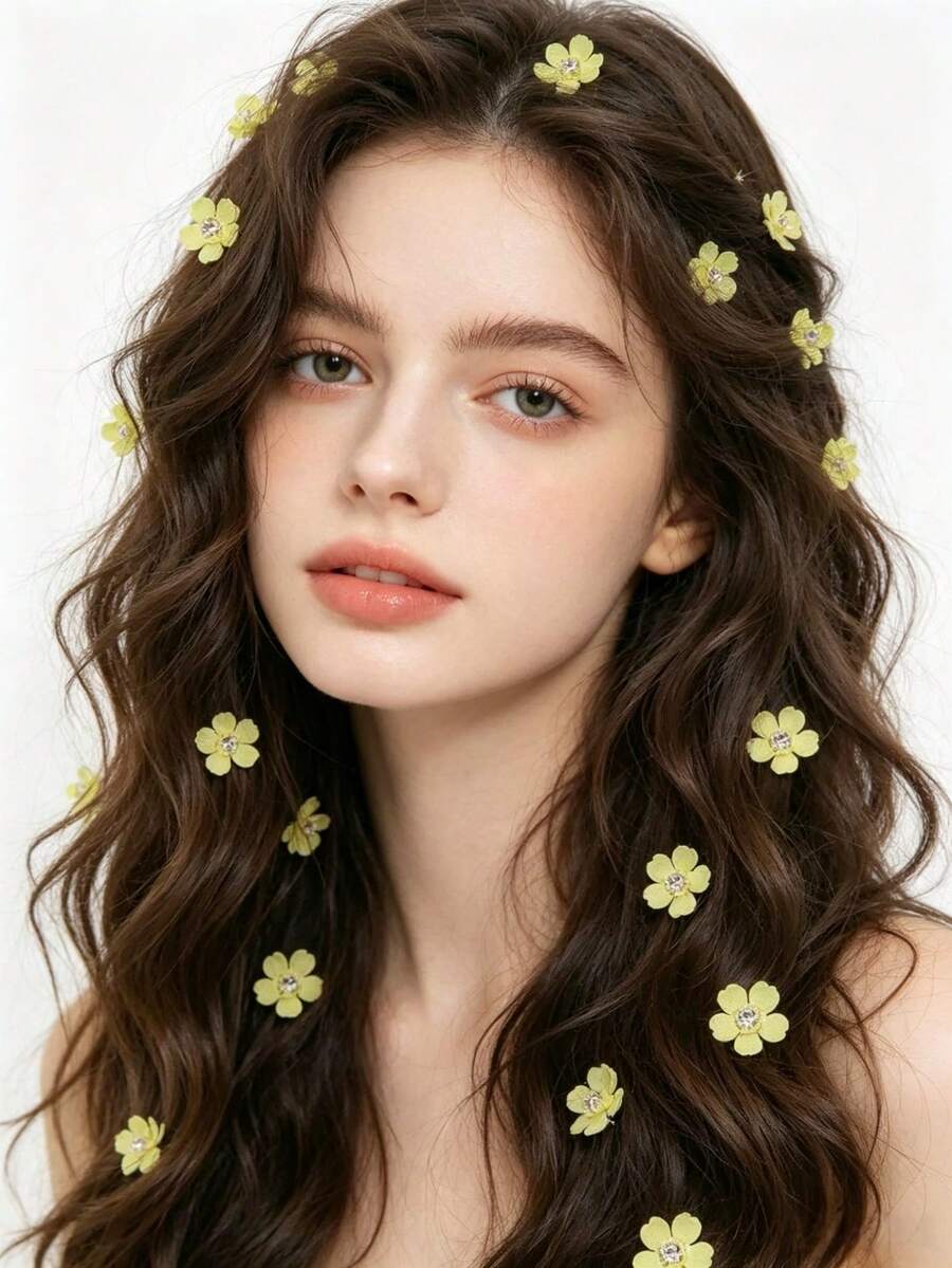 10pcs Yellow Flower Bead Hair Clips, Hair Accessories For Girls, Decorative Hair Clips For Festivals - Yellow - View 1