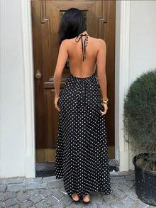 Vestido largo con estampado de lunares negros, encaje y parches, escote en V, cuello halter, espalda descubierta, cintura con lazo, para mujer, primavera/verano, elegante para vacaciones/citas/invitada de boda, uso diario minimalista - Negro - Ver 2