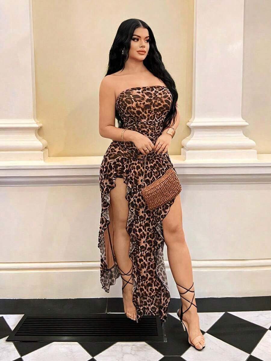 YHHSHEIN Vestido ajustado con volantes y abertura con estampado de leopardo sexy y elegante para mujer, apto para uso diario, reuniones, citas, fiestas, vacaciones en isla, playaYHH - Multicolor - Ver 1