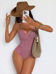 Traje de baño de una pieza con control de abdomen, con cordón, espalda descubierta, a rayas azul y blanco, con efecto push-up, para playa, resort y fiesta - Rojo y blanco - Ver 5
