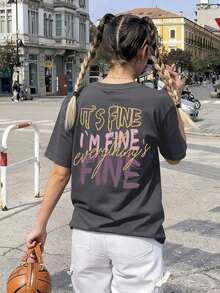 Graphic TeesNew Summer Women Simple "FINE" Letter Print Round Neck Dark Grey Short Sleeve T-Shirt, Fashionable And Versatile, Suitable For Women's Casual Daily Wear In SpringLoose And Comfortable Summer Clothes - 白色 - 查看 10