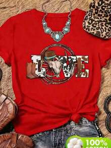 1 Piece Of Women's Casual Denim T-Shirt, Oversized Style, With LOVE Word Print And Western Elements, Soft Fabric, Loose Fit, Round Neck, Short Sleeves, Ideal For Outdoor Parties In Spring/Summer, Vintage Style. - 紅色 - 查看 6