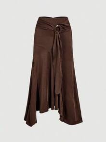 High Waist Ruffle Asymmetrical Hem Skirt Brown Midi Skirt Tie Skirt Wrap Skirt Asymmetrical Skirt Brown Tie Skirt - Blanco - Ver 5
