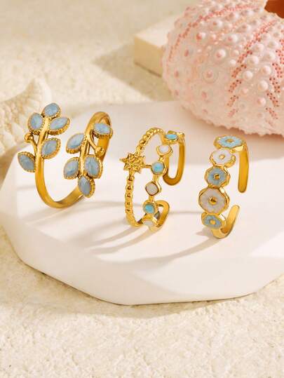 3pcs 18K Gold Plated Stainless Steel Adjustable Colorful Floral & Leaf Geometric Rings Set, Elegant Vintage Summer Style Suitable For Women Daily, Vacation, Date, Shopping, Luxury Jewelry Gift