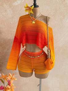 Casual 2-Piece Set Consisting Of A Cropped Top With An Irregular Neckline And Lettuce Hem, And Shorts, In A Solid Color, For Vacation, Spring/Summer - Rosa - View 6