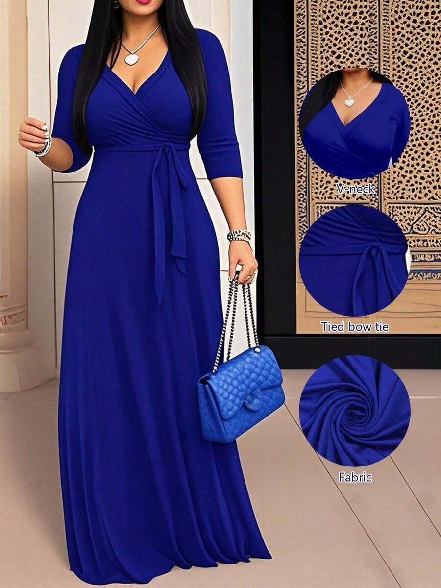 2026 Vestido azul ligero de mujer con cuello en V y cintura ceñida, elegante para primavera/verano - azul real - Ver 1