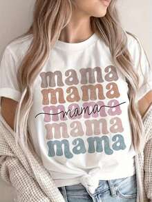 Limited Edition Women's MAMA Print T-Shirt - Short Sleeve Crew Neck Top, Soft And Breathable, White Letter Design, Loose And Casual Summer Shirt, Casual Wear Suitable For Pregnant Women - Comfortable For All Seasons, Lightweight Cotton Maternity T-Shirt. - 白色 - 查看 7