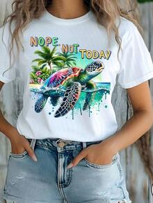 Camiseta de manga corta para mujer, camiseta de playa, camiseta casual de manga corta para mujer - Estampado de tortuga tropical en acuarela Not Today, top transpirable de cuello redondo, ropa con temática oceánica para primavera, verano y otoño, patrón de colores brillantes, estilo cómodo. - Blanco - Ver 6