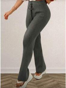 High-Waisted, Straight-Leg Knit Pants With Drawstring; Stylish, Versatile, Warm, And Casual. - Dark Grey - View 1
