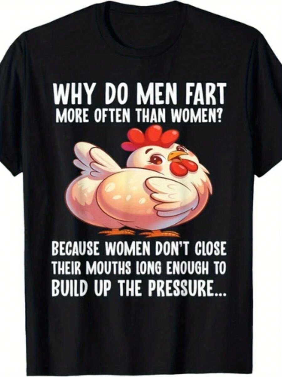 Camiseta masculina con diseño gráfico humorístico sobre pedos que explica por qué los hombres pasan gases con más frecuencia, ideal para uso casual, perfecta para fiestas, regalos y actividades cotidianas, con cuello redondo y hombros caídos, talla grande. - Negro - Ver 1
