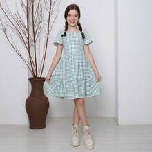 Short Checkered Dress For Children And Teens At June Festivals - Màu xanh Bạc hà - Xem 5