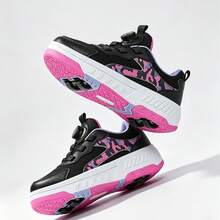 1 Pair Adult Rotary Buckle No-Tie Wheeled Sports Shoes, Detachable 4-Wheel Camouflage Roller Skates, Black Purple Colorful Casual Skateboard Shoes & Roller Skates - Black Purple - View 6