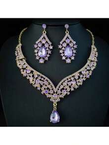 1 Set de Joyería para Mujer, Collar y Aretes Set de 3 Piezas, Diseño Elegante y Lujoso con Piedras Preciosas Artificiales, Adecuado para Novias, Bodas, Banquetes y Fiestas - conjunto de joyas - Ver 12