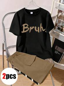2pcs/Set Teen Boys' Short Sleeve T-Shirt And Shorts, English Letter Print Outfit - Black - View 1
