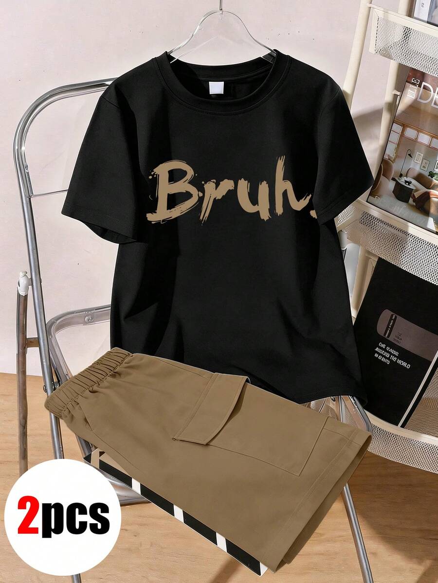 2pcs/Set Teen Boys' Short Sleeve T-Shirt And Shorts, English Letter Print Outfit - Black - View 1
