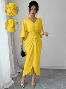 xheElenzga Vestido de manga de murciélago de punto elástico elegante con diseño de giro de cuello en V de longitud media para mujeresxhe - Amarillo claro - Ver 7