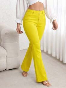 Women's Pocket Button Casual Versatile Daily Wear Flare Jeans - Amarillo - Ver 5