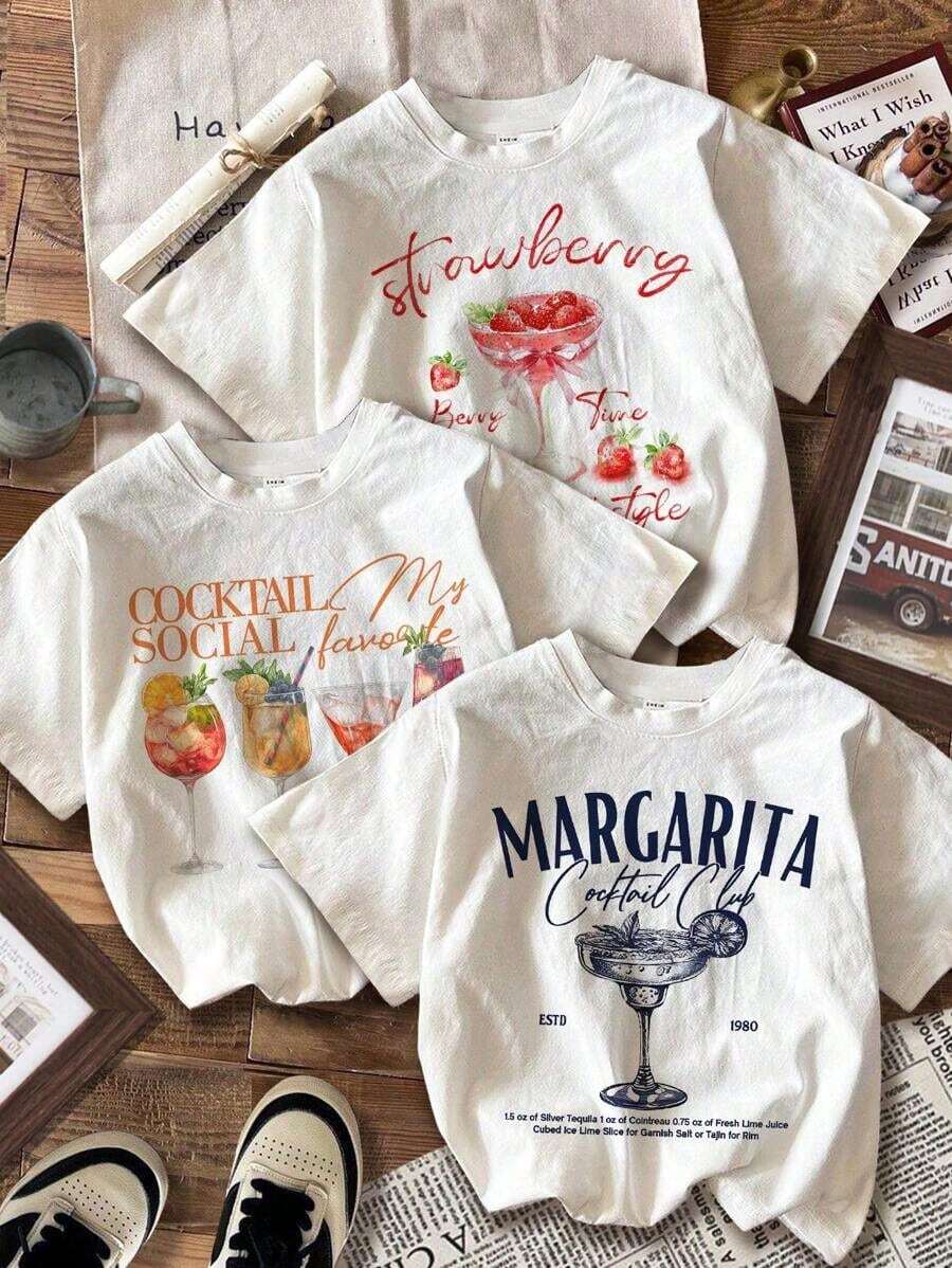 1 camisetas cortas de mujer de manga corta con cuello redondo, estampado de vaso de cóctel y estilo minimalista casual woman Todo tipo de impresiones, chaqueta, camiseta de cuello redondo, casual, para oficina, para viajar, muy popular, viento deportivo, estampado/patrón, camiseta de algodón 100%, camiseta casual, cómoda, suave, transpirable The latest popular bestseller - Multicolor - Ver 1